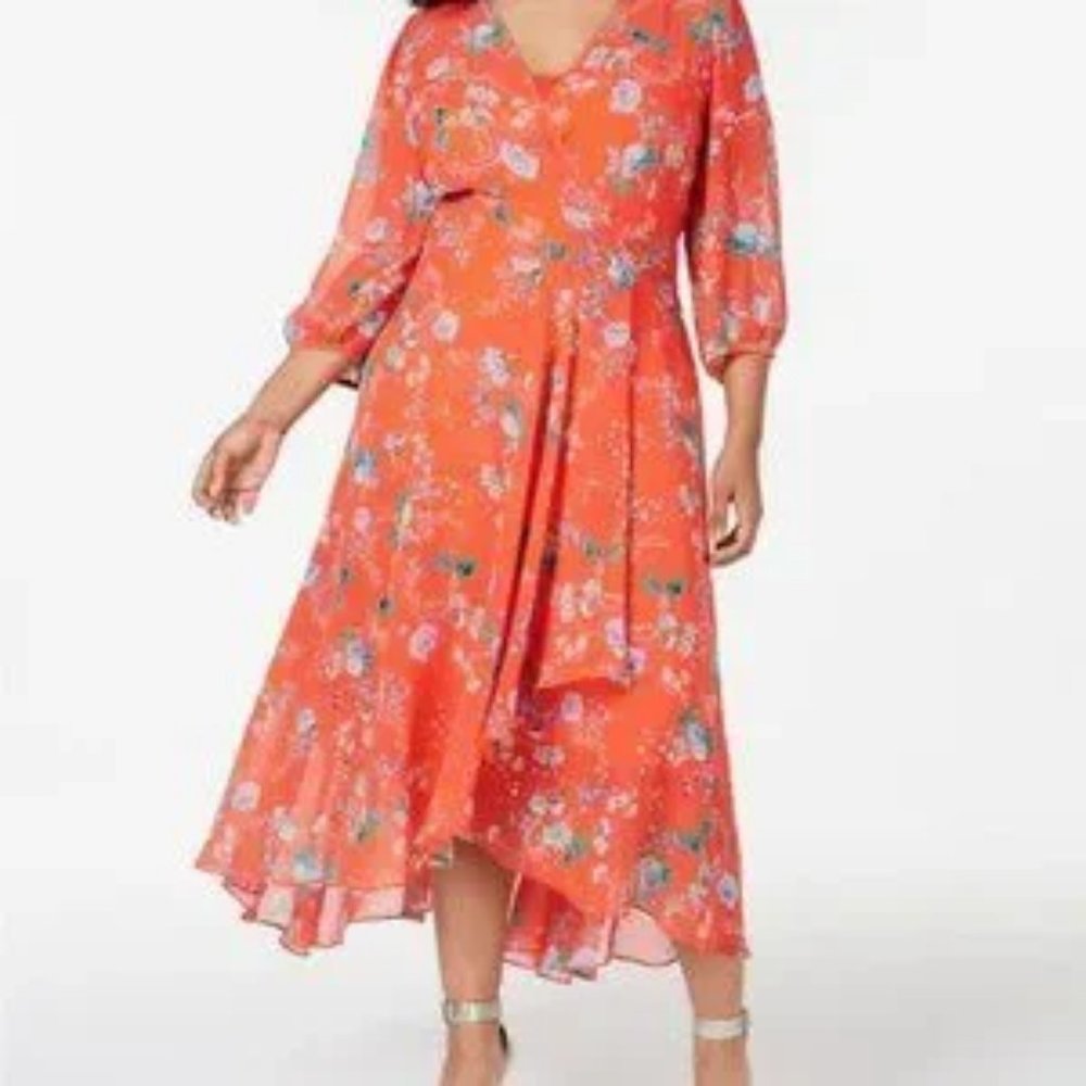 Calvin Klein Floral Orange Faux-Wrap High-Low Maxi Dress size 2